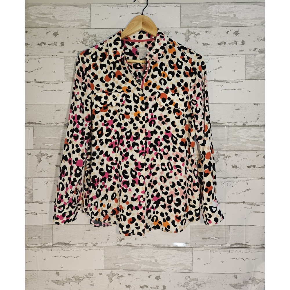 Chicos Multi Color Leopard Print Button Down Shirt Rayon Pink Orange‎ Size 1 M